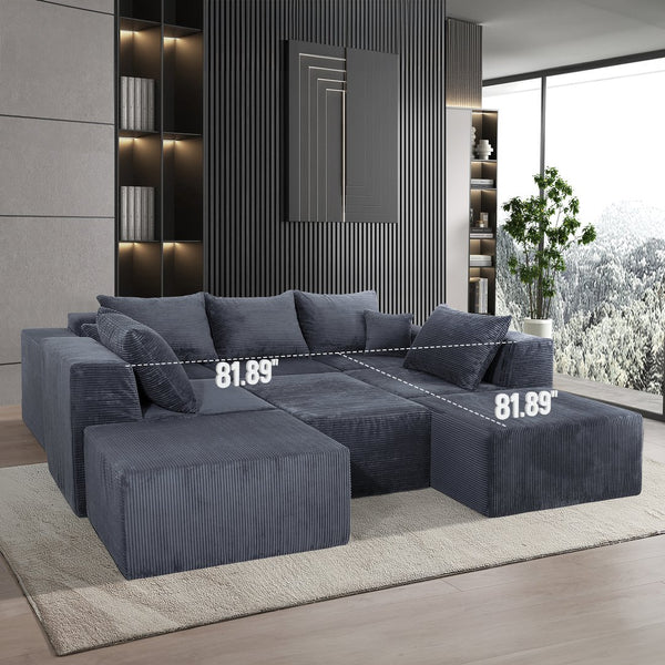 English Elm 8-Piece Modular U-Shaped Sectional Sofa with Oversized Chaise and Bed, Corduroy Luxury, No Assembly Needed Grey W3163S00041