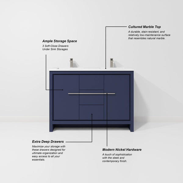 English Elm Navy Blue Double Bath Vanity With Cultured Marble Top, Gun Metal Faucet & 43" Mirror Set For Elegance B2731S01707