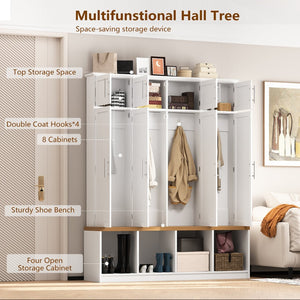 English Elm Wood Entryway Hall Tree with Bench Seating Coat Hooks Shoe Cubbies Cabinet White W5271S00004