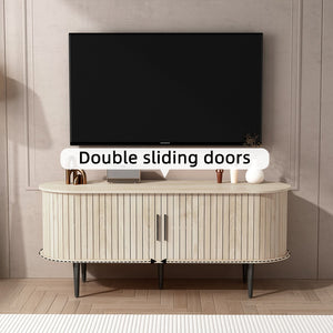English Elm Tv Stand 47 Inch Mid-century Console with Fluted Sliding Door and Tapered Wood Legs W2641P442533