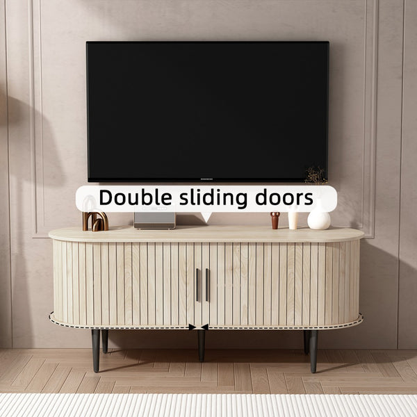 English Elm Tv Stand 47 Inch Mid-century Console with Fluted Sliding Door and Tapered Wood Legs W2641P442533