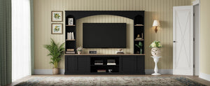 English Elm Arched Farmhouse Entertainment Center with Open Shelving for Living Room Black N721S000063B