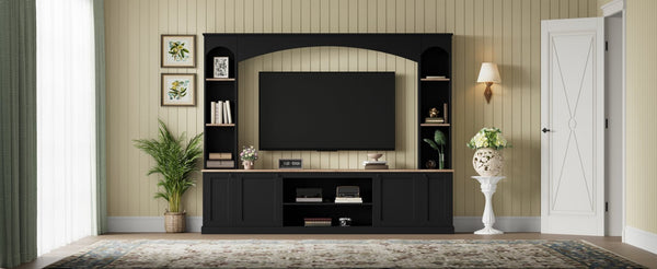 English Elm Arched Farmhouse Entertainment Center with Open Shelving for Living Room Black N721S000063B