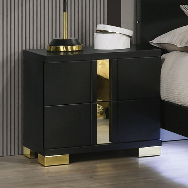 English Elm Attractive mirrored nightstand with gold handles and acrylic trim, 2-drawer bedside storage table Black 19 L x 27 W x 25 H B011P326199