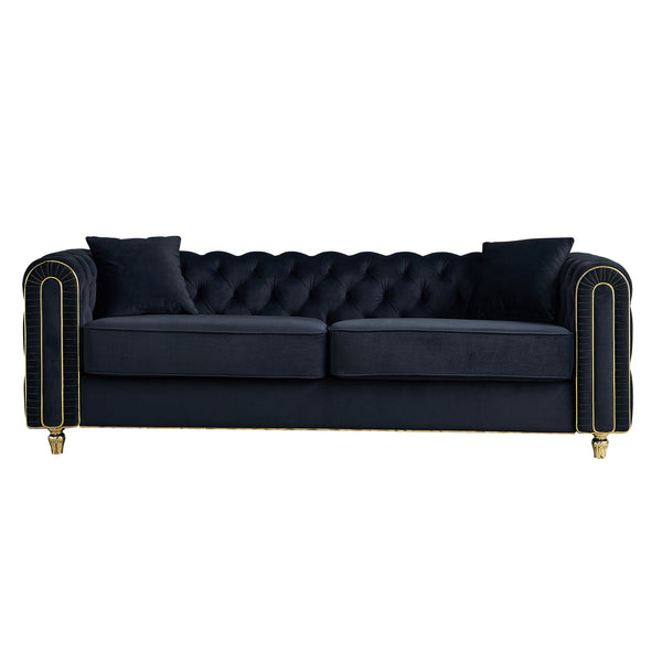 English Elm 86'' Luxury Modern Tufted Sofa with Gold Trim, Velvet Upholstery, Pocket Spring Comfort & 750lb Support Black W579P303656