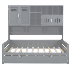 English Elm Full Size Wooden Daybed With Twin Trundle & Stylish Integrated Cabinet For Smart Space-Saving Solutions N820S00027E