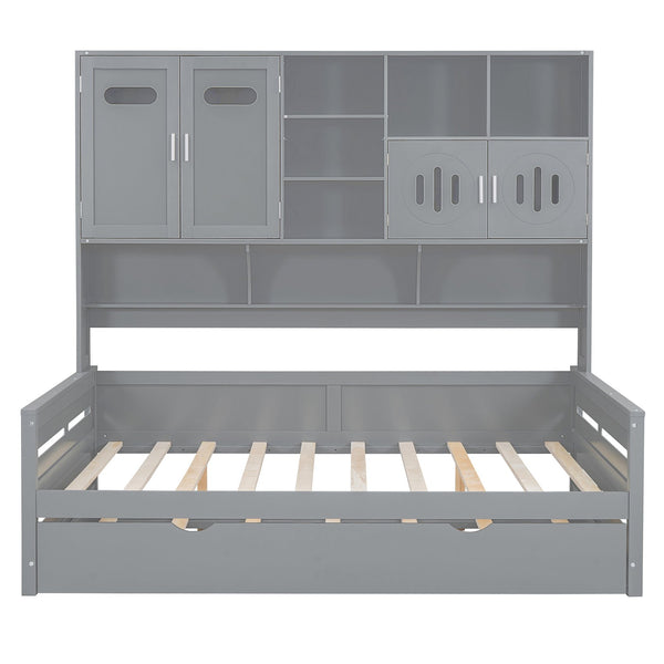 English Elm Full Size Wooden Daybed With Twin Trundle & Stylish Integrated Cabinet For Smart Space-Saving Solutions N820S00027E