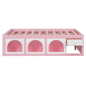 English Elm Full Size Kids Platform Bed with Led Lighting Bookshelf Display Cabinet and Storage Drawer Pink+White N820S00077H