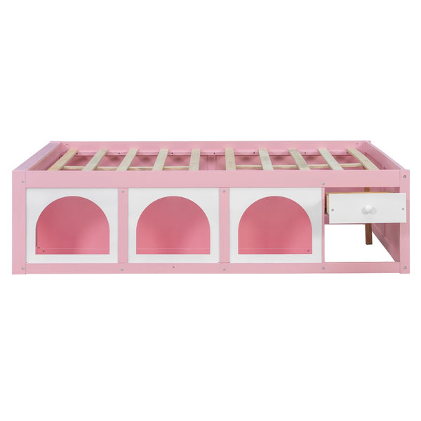 English Elm Full Size Kids Platform Bed with Led Lighting Bookshelf Display Cabinet and Storage Drawer Pink+White N820S00077H
