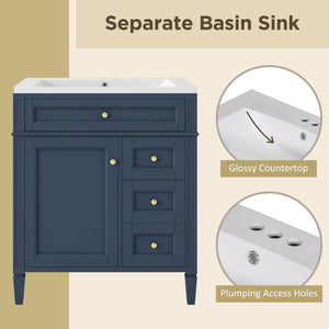 English Elm 30'' Modern Bathroom Vanity With Soft-Close Drawers, Tip-Out Storage & Elegant Roman Legs, White SW000122AAC-2