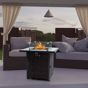 English Elm Outdoor Fire Pit 50,000 BTU Propane Gas Fire Table with Wicker Base, Glass Wind Guard, Lid, Patio Warmer Brown+Black W213P266089