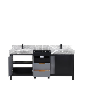 English Elm Black Double Bath Vanity 72" W With Castle Grey Marble Top & Matte Black Faucet – Elegant Storage Solution B2731P261115