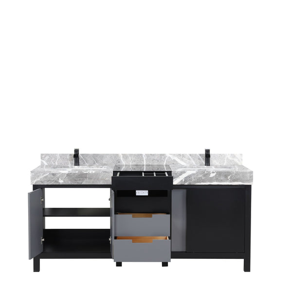 English Elm Black Double Bath Vanity 72" W With Castle Grey Marble Top & Matte Black Faucet – Elegant Storage Solution B2731P261115