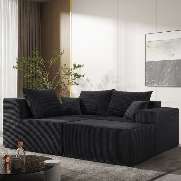 English Elm 4-Piece Modular L-Shaped Sectional Sofa with Corduroy Upholstery, Convertible Chaise, Pillows Included Black W3163S00038