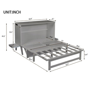 English Elm Queen Murphy Cabinet Bed Solid Pine Build with Usb Charging and Fold Out Desktop Grey W504S00167