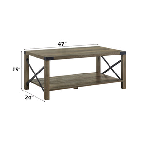 English Elm Abiram Rustic Oak Coffee Table with X-Slat Design, 40mm Top, Metal Frame, Open Shelf, 44x24x14" B2726P288768