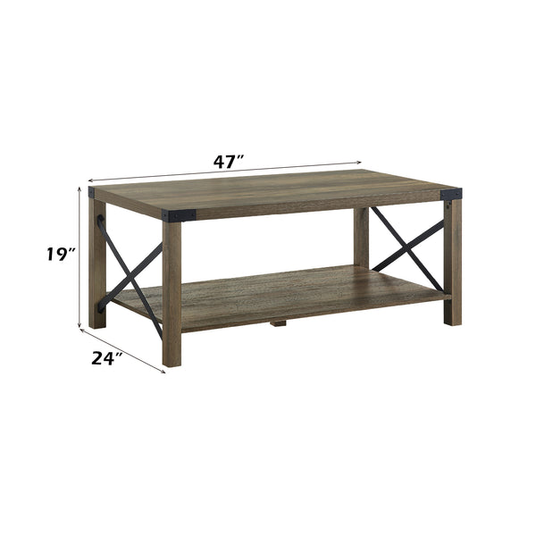 English Elm Abiram Rustic Oak Coffee Table with X-Slat Design, 40mm Top, Metal Frame, Open Shelf, 44x24x14" B2726P288768