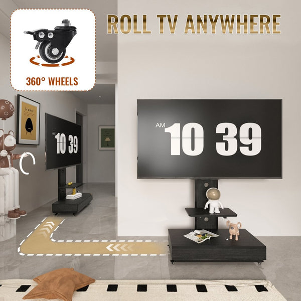 English Elm Tv Rolling Cart with Swivel Mount Lockable Wheels Pull Out Drawer Iron Frame Black W241P246878