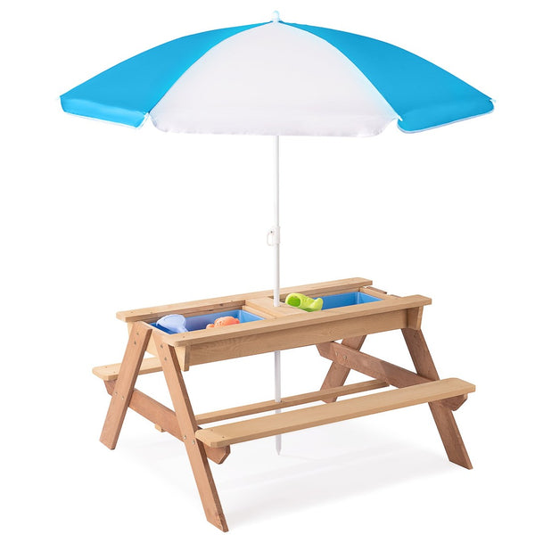 English Elm 3-in-1 Kids Cedar Outdoor Picnic Sand Water Play Table with Shading Umbrella W1390P160713