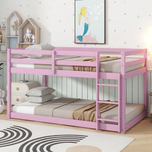 English Elm Solid Rubberwood Twin Over Twin Floor Bunk Bed - Sturdy, Stylish Pink Design With Ladder & Slats W504P191672-GIGA