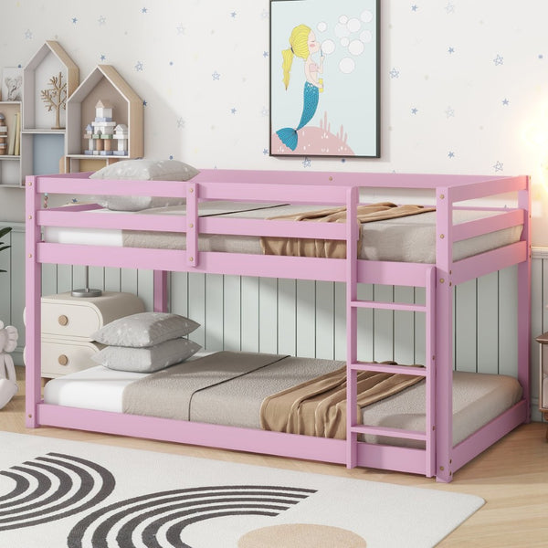 English Elm Solid Rubberwood Twin Over Twin Floor Bunk Bed - Sturdy, Stylish Pink Design With Ladder & Slats W504P191672-GIGA