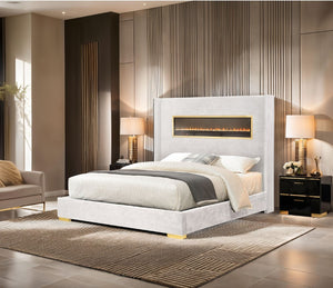 English Elm Contemporary Queen Platform Bed Upholstered Fabric with Fireplace Headboard and Bluetooth Audio White B2741P439943