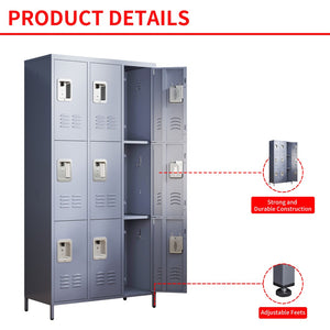English Elm 9 Compartment Steel Locker Tower Powder Coated Gray for Gym Office or Bedroom T2398P251437