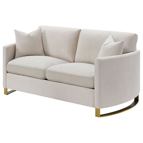 English Elm Rufo Beige Fabric Loveseat with Gold Steel Legs Arched Arms and Feather Cushions B062P357784