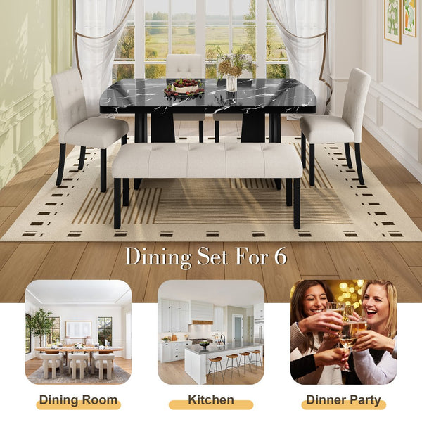 English Elm 6 Piece Dining Set with Rectangular Solid Wood Table, Upholstered Chairs & Bench, Rustic Charm, Easy Assembly, Seats 6 Beige,Black N752S000011A