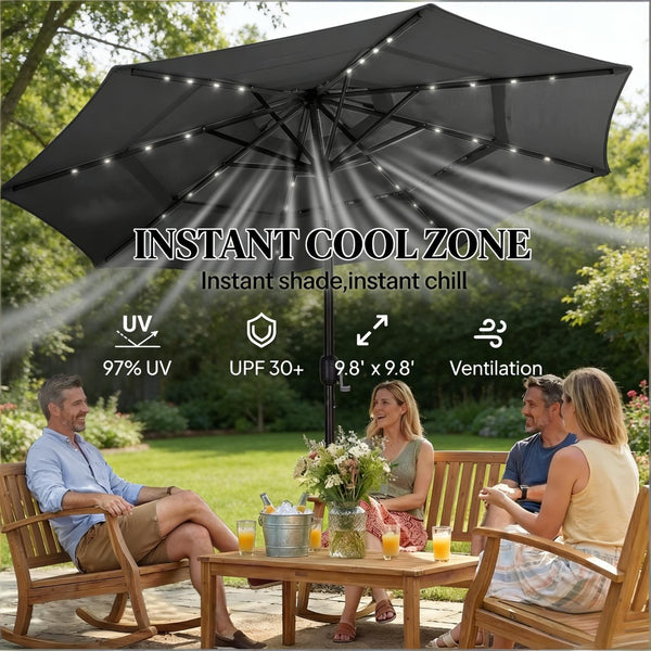 English Elm Garden Cantilever Patio Umbrella with Solar Led Lights and Upf30 Polyester Canopy Black T3971P481857