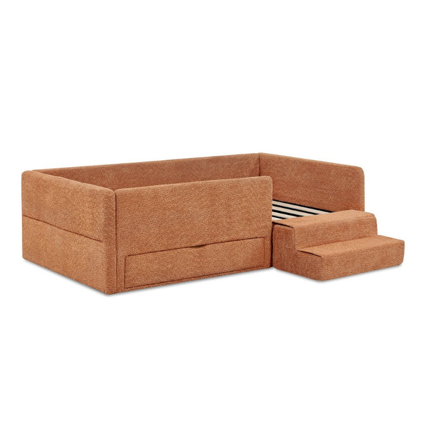 English Elm Twin Boucle Upholstered Kids Bed with Guardrails Built in Storage and Cushioned Step Stool Orange W1413P433367