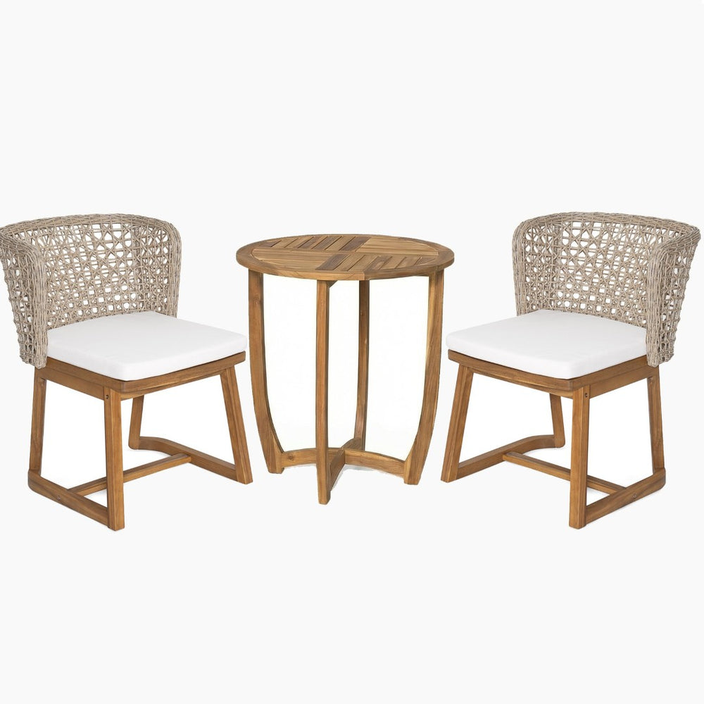 English Elm 3-piece Acacia Wood Bistro Set Wicker Back Chairs Teak Finish Patio Dining N773OD00139B
