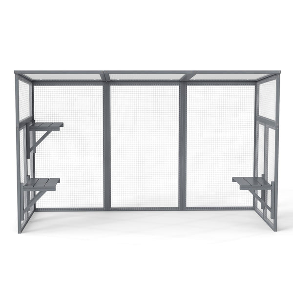 English Elm Outdoor Cedar Cat Enclosure with Polycarbonate Roof Three Platforms and Galvanized Mesh Run W2181P356206