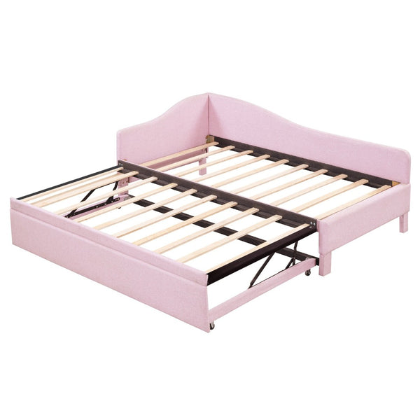 English Elm Twin L-shaped Linen Upholstered Daybed with Hydraulic Pop-up Trundle for Guest Rooms Pink SF000193AAH-1