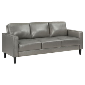 English Elm Farallone Faux Leather Track Arm Sofa with Tapered Legs, Sleek Modern Profile and Smooth Cushions for Compact Living Spaces Grey B062P354050