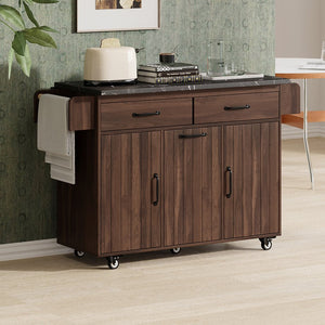 English Elm K&K Kitchen Island with Tilt-Out Trash Can, Drop Leaf Counter, Adjustable Shelf, Rolling Cart Walnut Brown WF326381AAZ