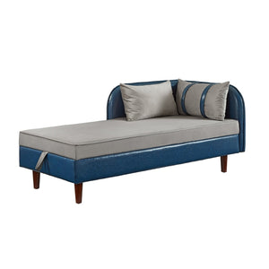 English Elm 65" Velvet Storage Chaise Lounge with Pu Leather Panels Eucalyptus Frame Accent Seat Blue+Grey W1097P434118