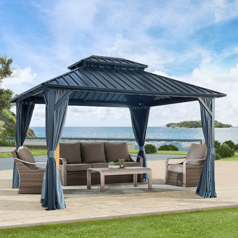 English Elm 12' 12' X 12' Hardtop Gazebo Gray with Galvanized Double Roof, Aluminum Frame, Curtains & Mosquito Netting W765S00012