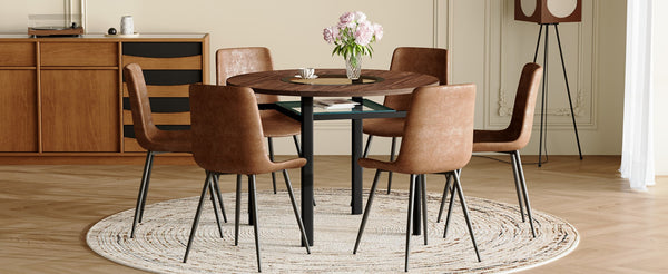 English Elm Table Set 42 Inch Round Wood Grain Glass Inlay with Six Tech-fabric Dining Chairs W1151S04480