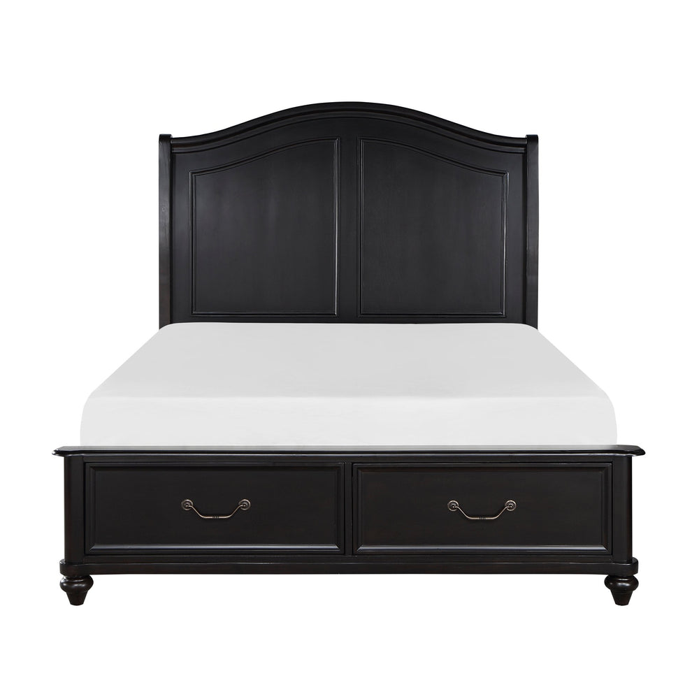 English Elm Charcoal Queen Panel Bed with Okume Veneer and Horizontal Accent Headboard — Rustic Transitional Design Brown Mix 63.25 L x 42.5 W x 5.25 H B011S01249