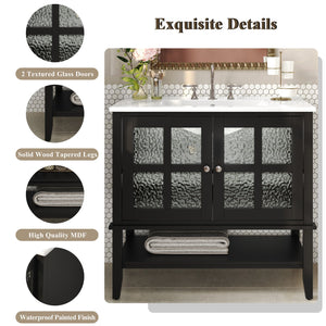 English Elm Christopher Knight Home® - 36" Bathroom Vanity with Ceramic Sink, Solid Wood Legs, Waterproof Finish, Soft-Close Hinges, Open Shelf, Silver Knobs Black N817P286249B