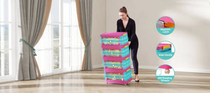 English Elm Happy 20" Side Wide Folding Storage Cabinet with 5 Tiers, Wheels, Magnetic Door, Durable PP Design Pink+Blue W2873P279886