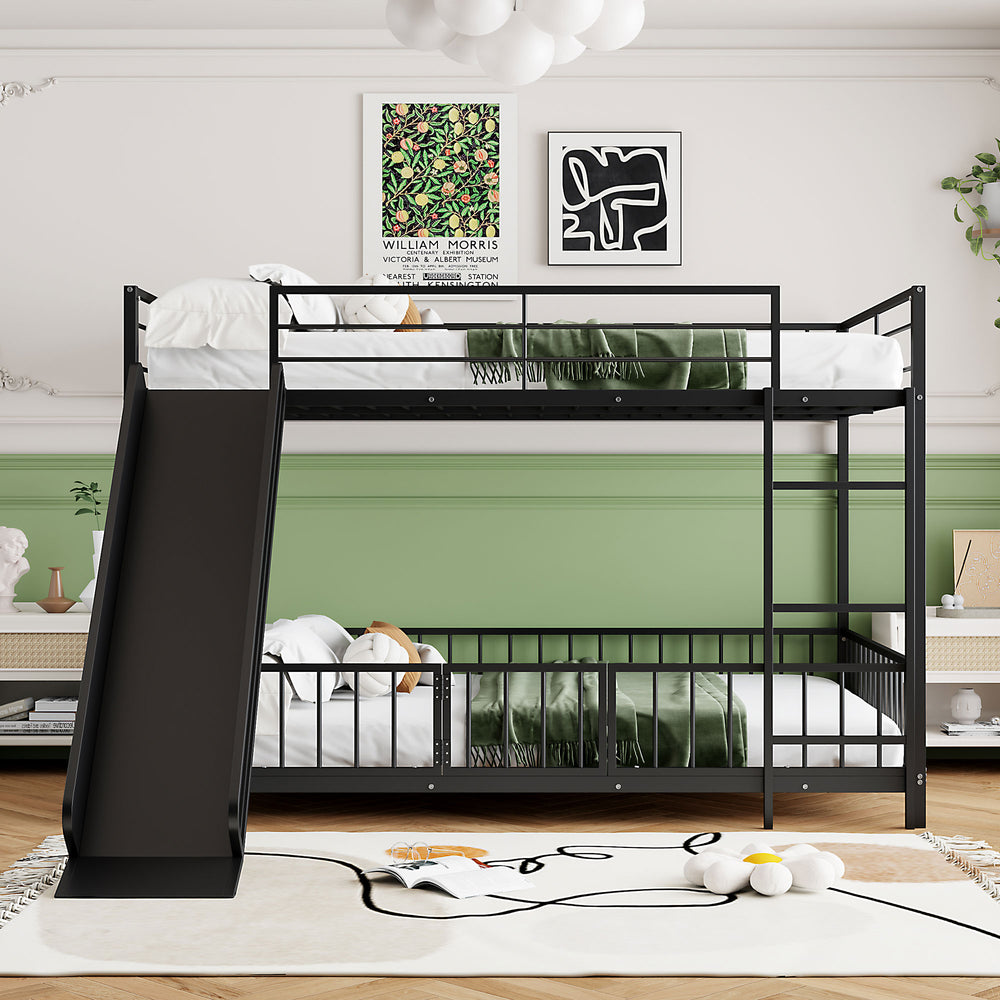 English Elm Full Full over Full Metal Bunk Bed with Slide, Interchangeable Stairs, Gate & Safety Guardrails for Kids Black SF000170AAB