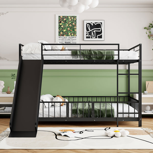 English Elm Full Full over Full Metal Bunk Bed with Slide, Interchangeable Stairs, Gate & Safety Guardrails for Kids Black SF000170AAB