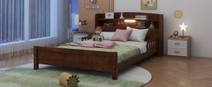 English Elm Full Pine Wood Bed with Bookcase Headboard, LED Motion Sensor, Guardrails & Ample Walnut Storage W504P281004