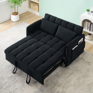 English Elm 52 Black Modern Velvet Sofa Bed 3-in-1 Convertible Loveseat with Pillows, Pockets, Metal Legs, 500lb Capacity W1658P266335