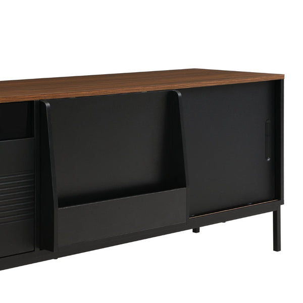 English Elm U-can Mid Century Walnut Media Console with Sliding Doors and Metal Frame for Living Rooms Black N724P360370B