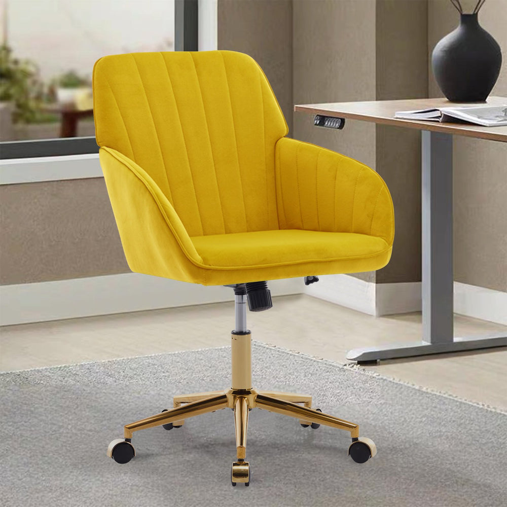 English Elm TY Velvet Office Chair Bright Yellow with Gold Base, 360° Swivel, Height Adjustable, Luxury Comfort W2311P237657