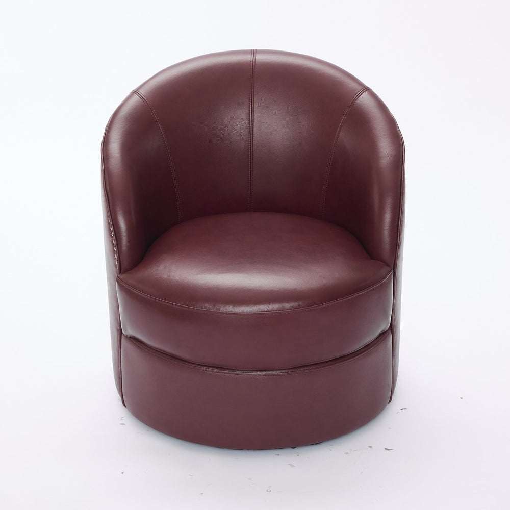 English Elm Dark red Top-Grain Leather Swivel Accent Chair with 360° Smooth Spin, Riveted Rock’n’Roll Style, Sturdy Base W570P386958