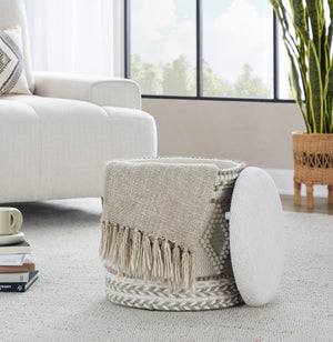 English Elm 18" Handwoven Wool Storage Ottoman Tufted Knotted Lid Bohemian Living Room Seat B202P471519